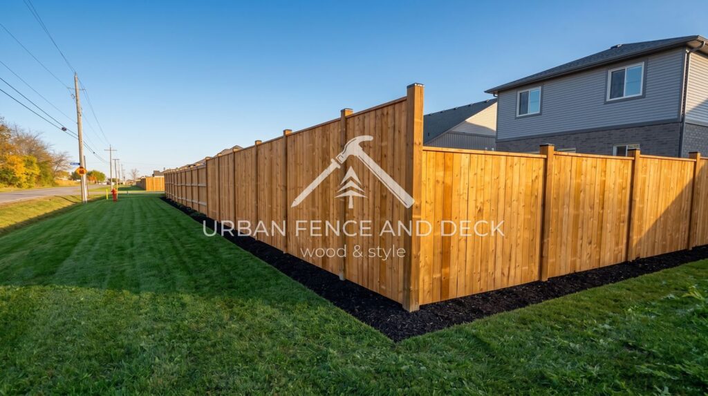 Newly installed backyard fence on a sunny day